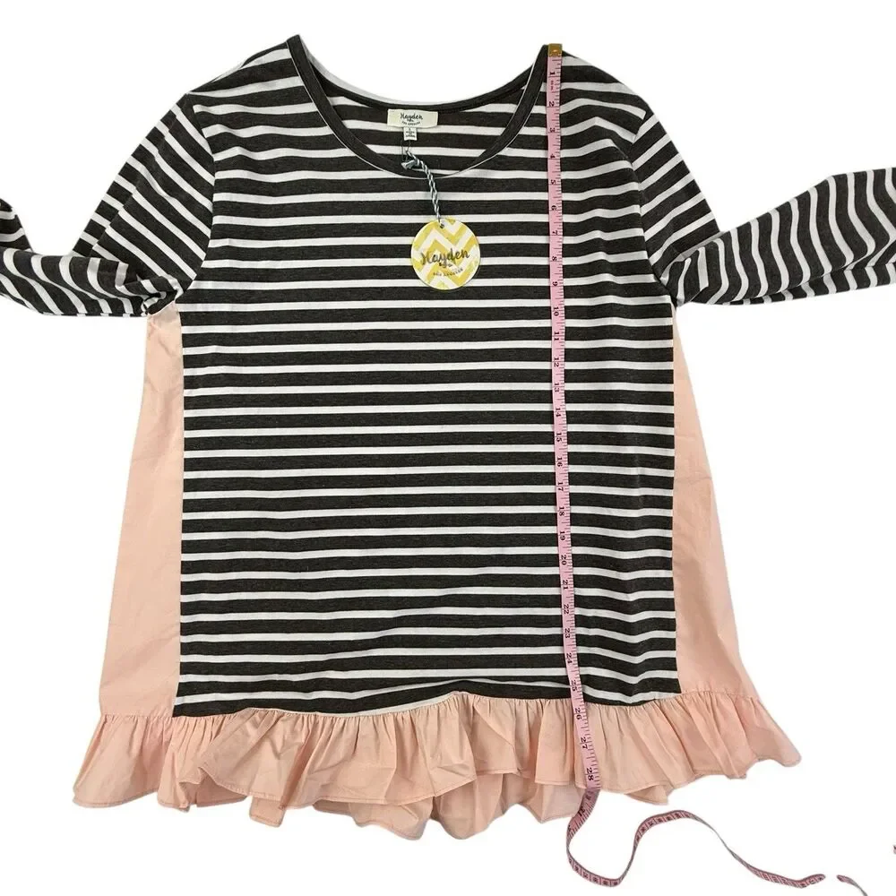 NEW Hayden Long Sleeve Striped Top Women Large Black Pink Ruffles Tunic
